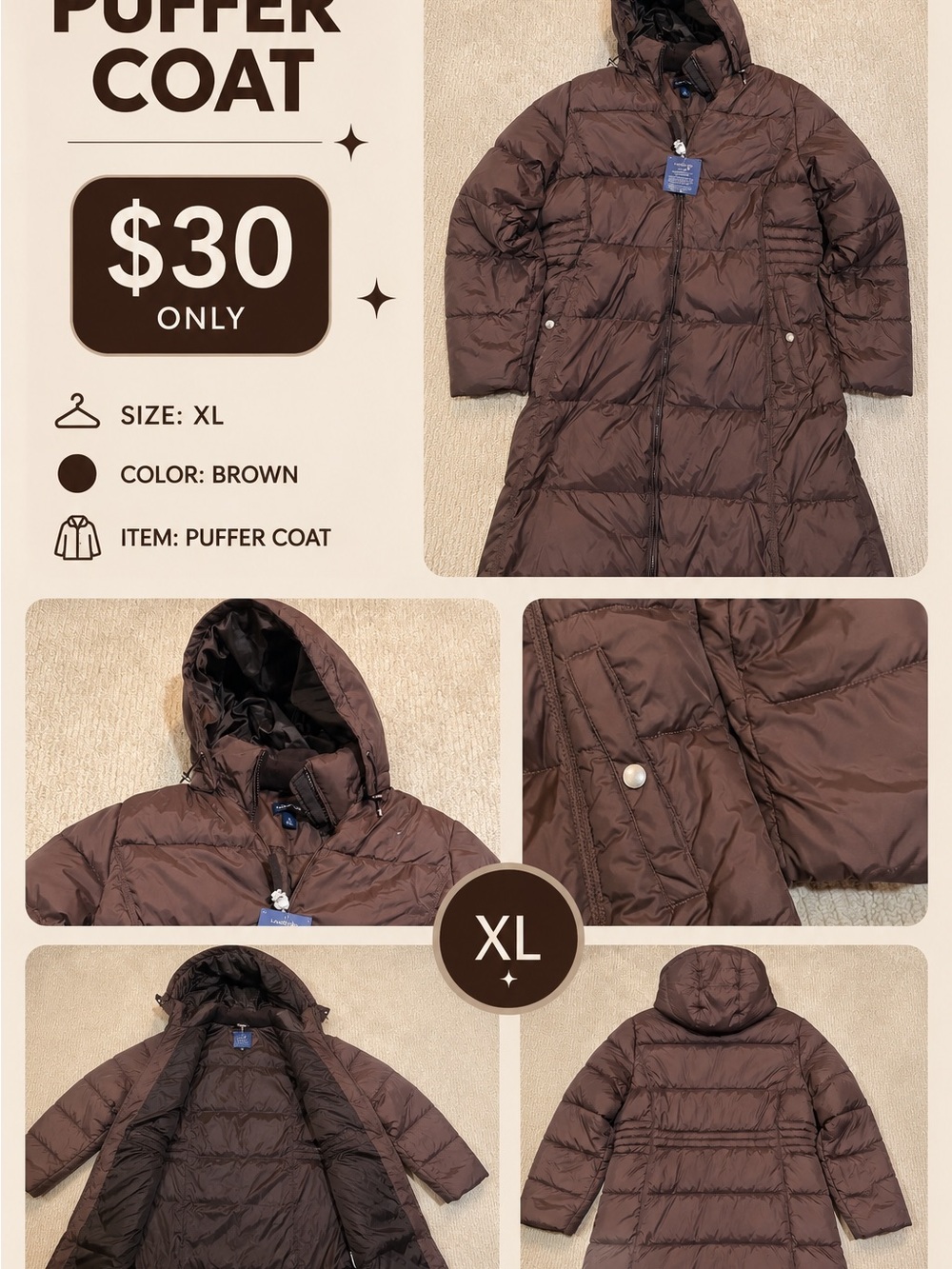Kids Brown Hooded Puffer Coat - XL